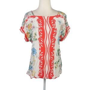 Maeve by Anthropologie Cream and Red Floral Print Short Sleeve Blouse Top S
